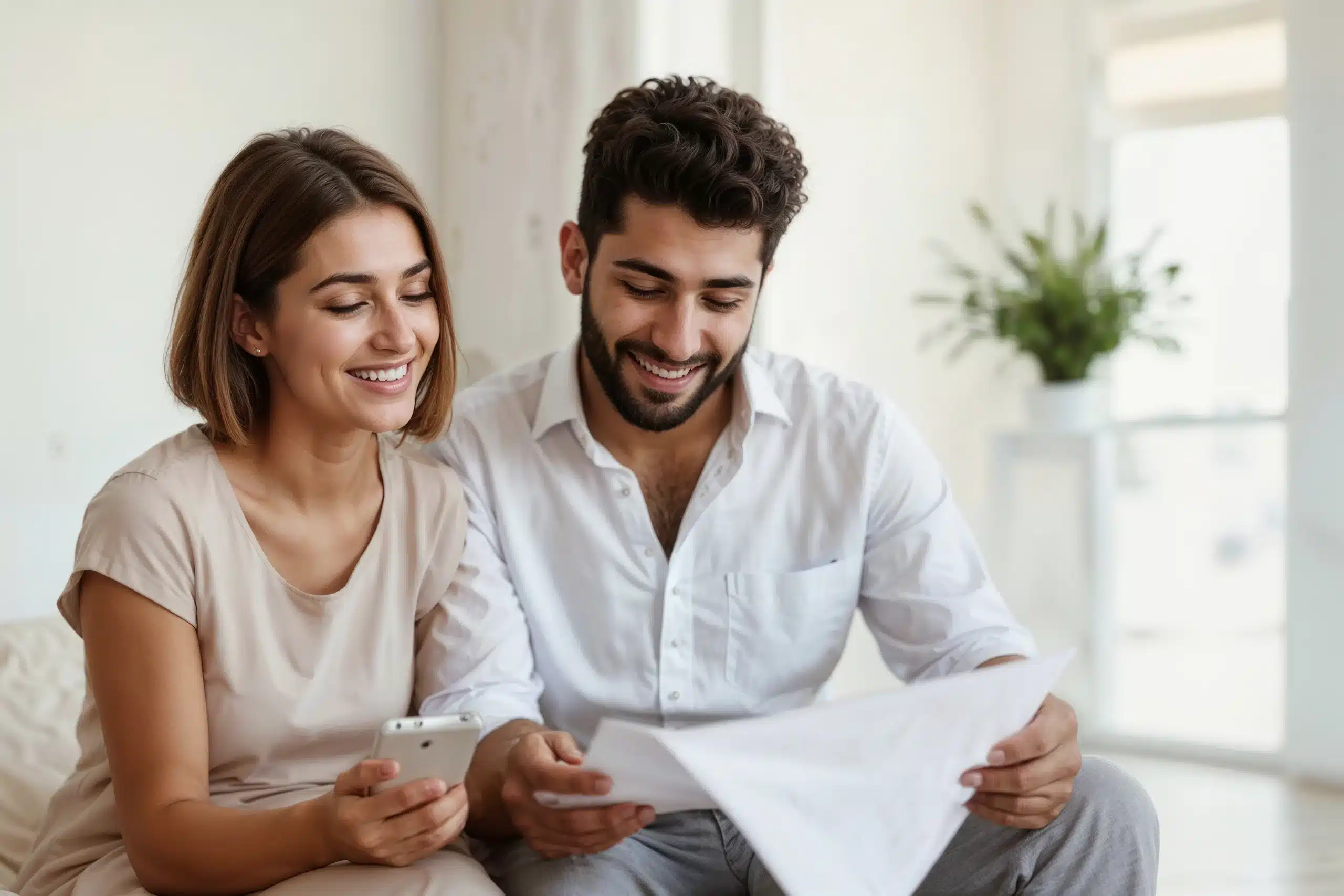 A smiling couple reviewing documents and a phone, symbolizing accessible Financial Options at Des Peres Dentistry